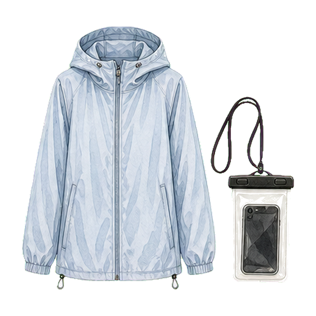 Packable rain shell + waterproof phone pouch