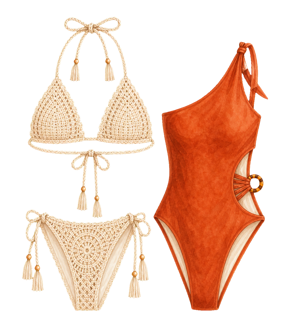 Cream Crochet Bikini And Terracotta One-Piece Swimsuit