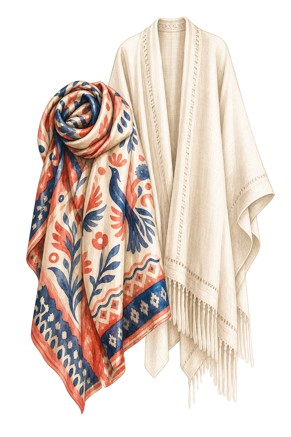 Mexican Silk Scarf And Artisan Linen Evening Wrap