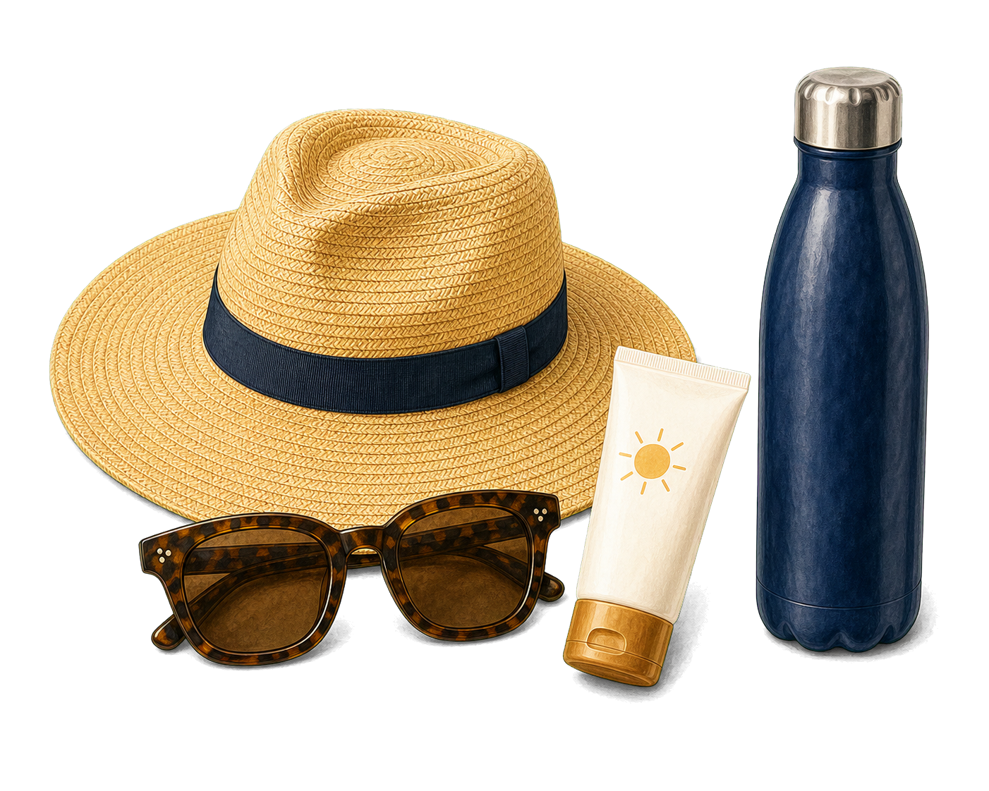 Sun Hat Sunglasses SPF And Bottle
