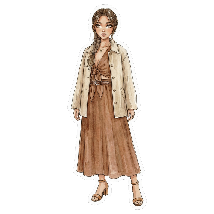 Munich in July — Cognac linen midi dress with puff sleeves, Boxy hip-length beige coach jacket with drop shoulders, Slim woven leather belt with gold-tone buckle