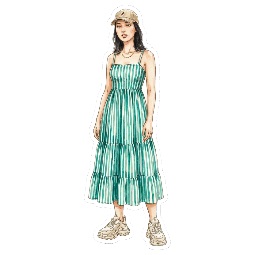 Montreal in July — Sleeveless spaghetti-strap tiered midi dress in bold teal green and white vertical stripes, Chunky dad sneakers in cream and off-white with mixed panelling, Low-profile corduroy baseball cap in sand beige with small embroidered logo