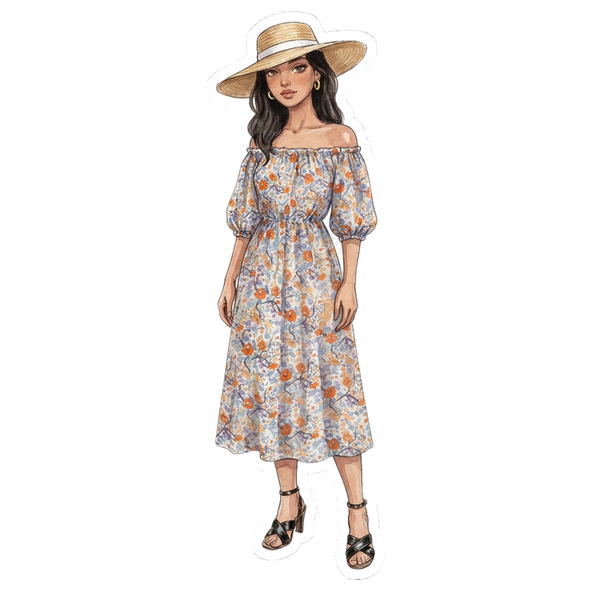Lisbon in August morning — Floral off-shoulder midi dress with puff sleeves, Black flat sandals with wide crossover leather straps, Wide-brim woven straw hat with white band