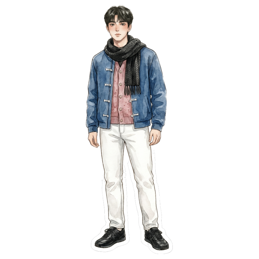Vancouver in May — Medium blue structured jacket, Dusty pink button-front knit cardigan, White slim-fit jeans, Black chunky knit scarf