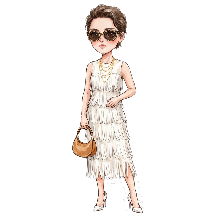 Nashville in August evening — Sleeveless white tiered fringe midi dress with cascading horizontal fringe from bodice to hem, White pointed-toe stiletto court pumps, Multiple fine layered gold chain necklaces, Small crescent-shaped suede bag in warm tan with bamboo-style top handle