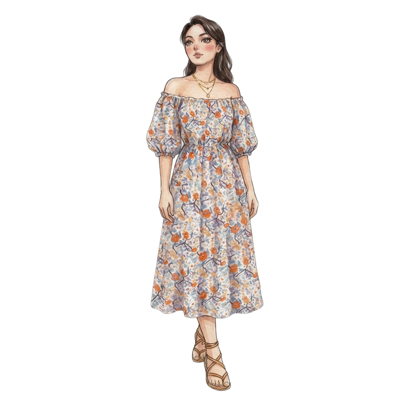 New York in August evening — Off-shoulder midi dress with puff sleeves