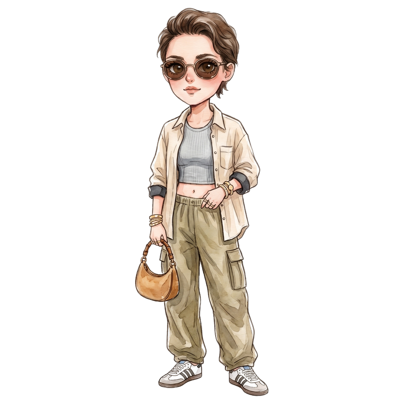 Paris in August morning — Grey cropped ribbed tank, Beige oversized button-down with wide collar and contrast dark cuff trim, Khaki olive cargo parachute pants, Small crescent suede bag in warm tan with bamboo-style top handle