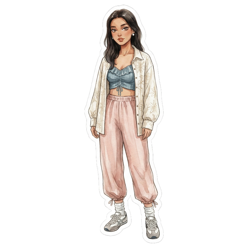 New Orleans in June morning — Dusty blue fitted crop top with ruffled sweetheart neckline, Blush wide-leg parachute pants with cinched ankle hem, Cream oversized button-front shirt with tonal floral embroidery, White ribbed ankle socks with slight scrunch