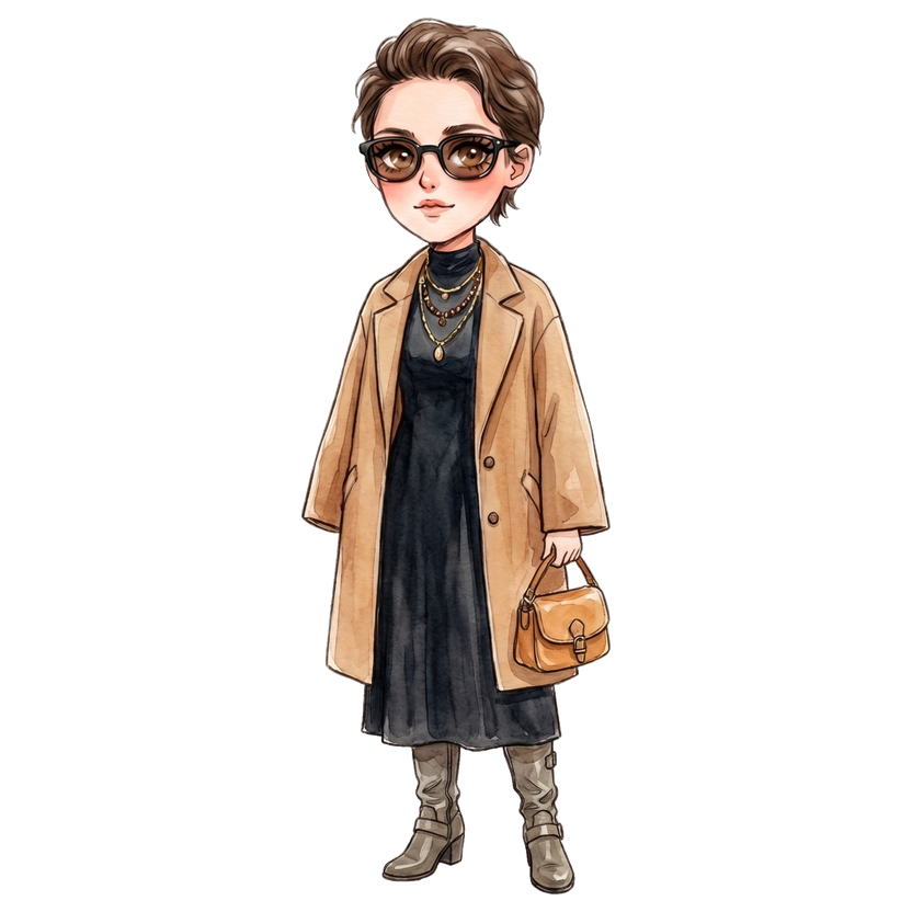 Nashville in August morning — Fitted sleeveless black mock-neck maxi dress in stretch jersey, Knee-high slouchy grey-brown worn leather boots with stacked heel, Small structured warm tan saddle bag with flap closure and gold hardware, Layered necklaces with beaded strands and gold coin pendant in gold and brown