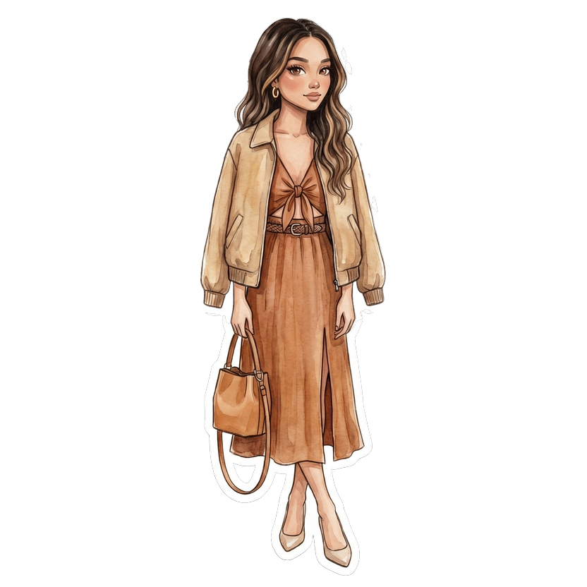 San Diego in November — V-neck midi dress with puff sleeves, Classic harrington-style jacket in warm camel with rib-trimmed collar and cuffs, Slim woven leather belt with gold-tone buckle, Classic nude pointed-toe court heels with slim mid-height heel