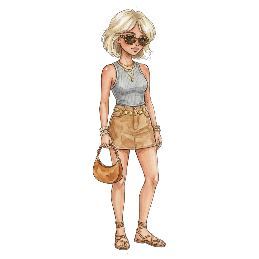 Nashville in June morning — Fitted sleeveless ribbed grey crop tank, Micro-length mini skirt in warm tan with coin belt detail at waist, Chain-link belt with hanging gold coin charms, Multiple gold bracelets