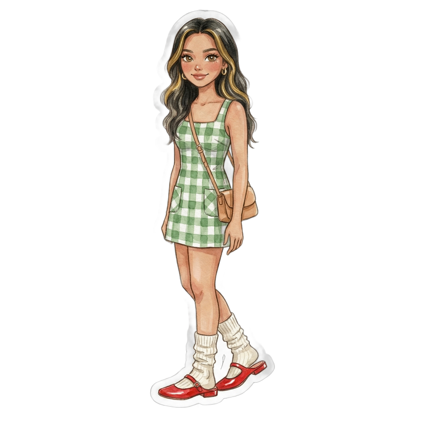 New York in June evening — Sleeveless square-neck mini dress in bold green-and-white gingham check with front pockets, Vibrant red mules with low heel, Thick ribbed cream crew socks
