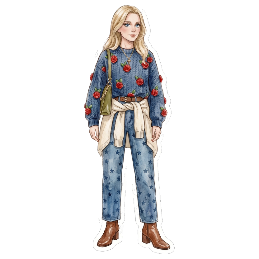 Tallinn in October — Oversized chunky knit with 3D red rose and green leaf appliqués, High-waisted straight leg jeans in classic mid-wash denim with brown belt, Block-heel leather ankle boots in rich cognac with sleek pointed toe, Structured medium shoulder bag in olive green with chain strap detail