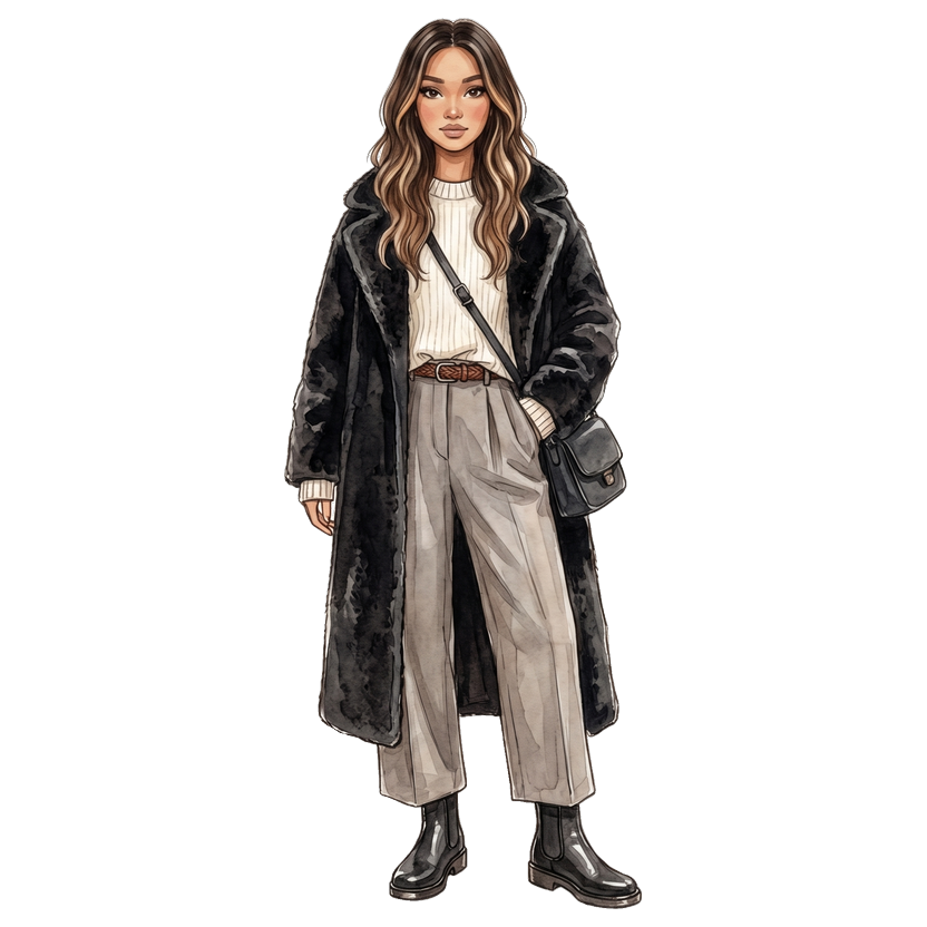 Quebec City in December — Oversized long black teddy/faux-fur texture maxi coat, Chunky ribbed-hem oversized cream crew neck sweater, Extremely wide-leg high-rise pleated trousers in heathered gray-taupe wool blend, Slim woven leather belt with gold-tone buckle