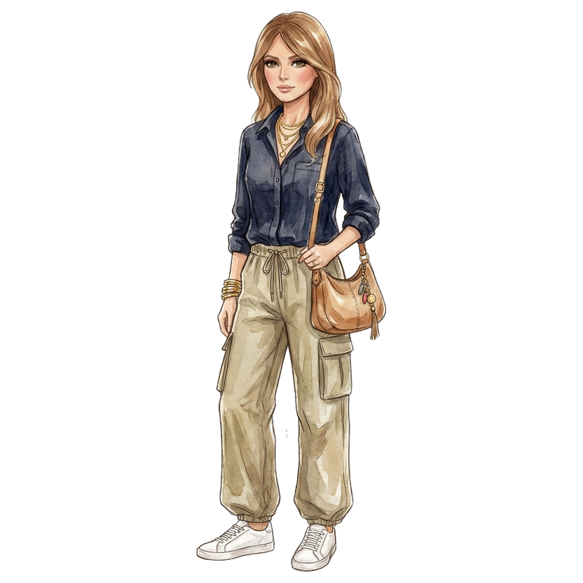 San Diego in December — Khaki olive relaxed cargo parachute pants with large side pockets and drawstring waist, Navy long-sleeve button-down shirt with band collar, Multiple fine layered gold chain necklaces, Multiple stacked gold-tone bracelets and bangles