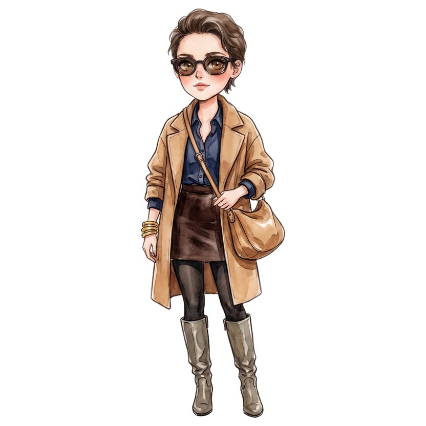 Paris in December — Navy long-sleeve button-down shirt with band collar, Dark brown fitted mini skirt in chocolate tone, Knee-high slouchy grey-brown leather boots with stacked heel, Slouchy tan leather shoulder bag with gold hardware and charm details