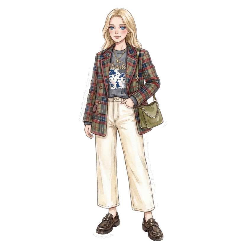 Paris in October — Oversized double-breasted tartan blazer in autumn red, Crew neck charcoal grey sweatshirt with vintage graphic print, High-rise wide-leg cream denim jeans, Chunky-sole buckle loafers in dark brown leather with retro silhouette