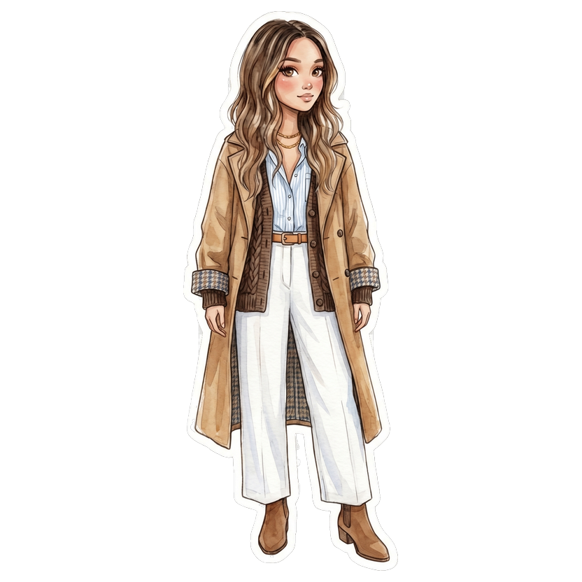 Quebec City in June — Camel oversized trench coat with houndstooth lining visible at cuffs, Chunky oversized dark brown cable-knit cardigan with button front, Relaxed-fit light blue fine-stripe Oxford shirt, High-waisted crisp white wide-leg trousers with tailored silhouette