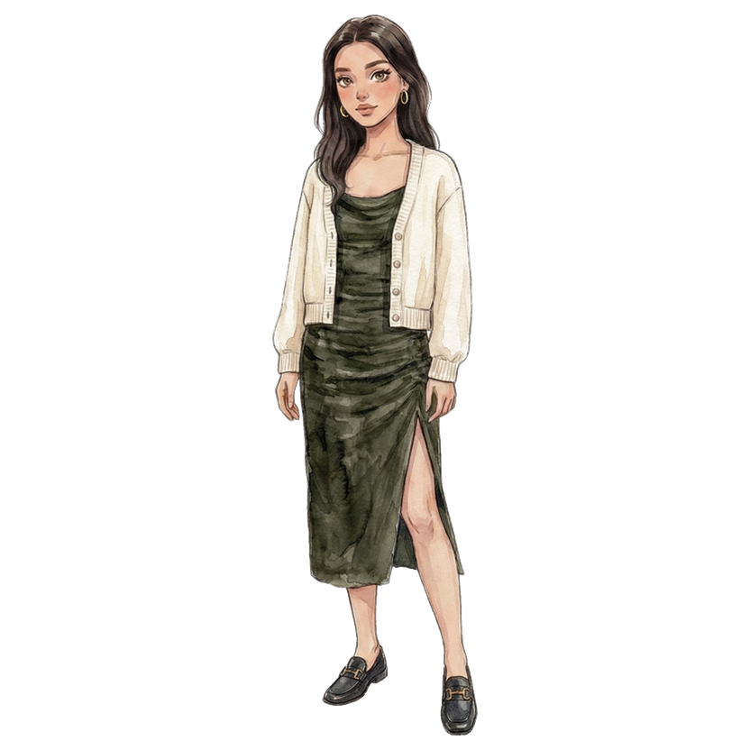 Vancouver in July — dark olive sleeveless ruched bodycon midi dress with side slit, cream open-front long-sleeve knit cardigan, black leather buckle loafers