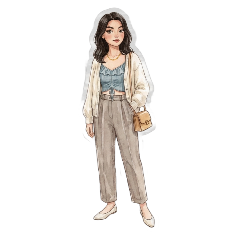 Nashville in June evening — cream oversized cardigan, blue ruched crop top, taupe pleated trousers, tan crossbody bag, cream ballet flats