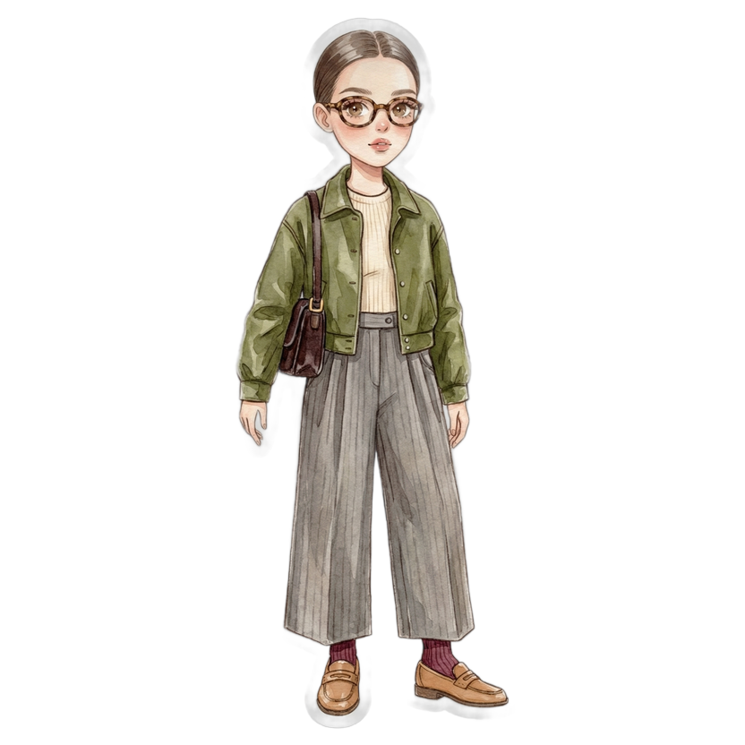 Las Vegas in November — Burgundy ribbed crew socks, Extremely wide-leg high-rise pleated trousers in heathered gray-taupe wool blend, Boxy cropped olive green leather jacket with spread collar, Compact structured dark brown leather shoulder bag with gold buckle hardware