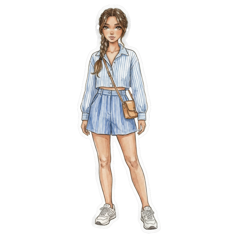 Los Angeles in August morning — Oversized striped Oxford shirt in light blue, Blue striped mini skirt, White low-top sneakers, Cognac structured leather bag