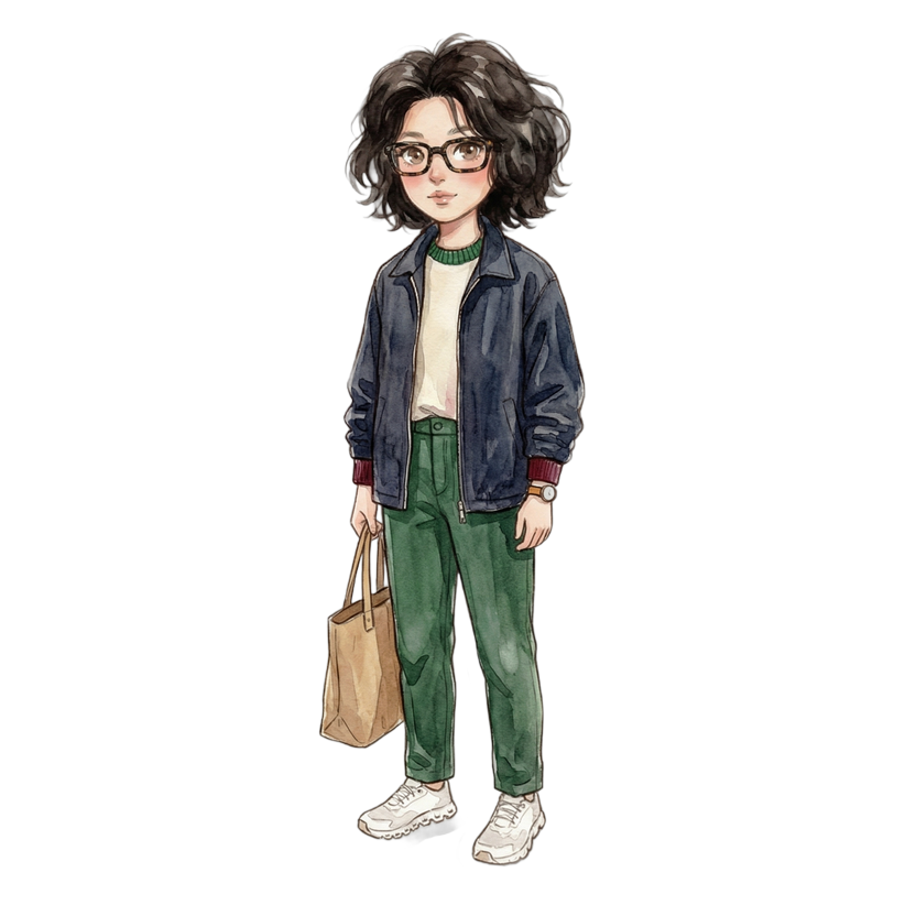 Sydney in October — Dark navy relaxed zip-up coach jacket, Cream knit pullover with green ribbed collar and burgundy cuffs, Forest green flat-front slim-straight chino trousers, White chunky dad sneakers with mixed panelling