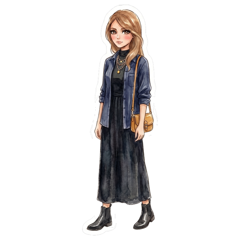Cape Town in November — Fitted sleeveless black mock-neck maxi dress in stretch jersey, Long-sleeve navy button-down shirt with band collar, Layered necklaces with beaded strands and gold coin pendant, Small structured warm-tan saddle bag with gold-tone hardware