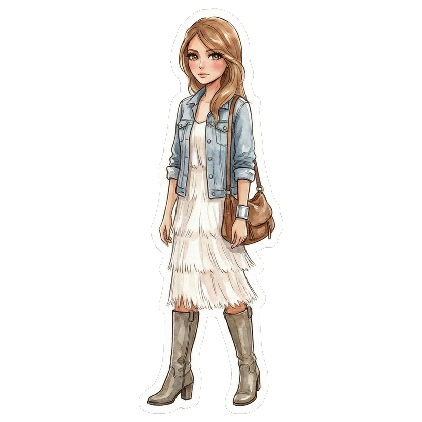 Montreal in August — Short-sleeve white midi dress with cascading horizontal fringe tiers from bodice to hem, Knee-high slouchy grey-brown leather boots with stacked heel, Wide chunky silver cuff bracelet, Medium slouchy brown leather shoulder bag with gold hardware