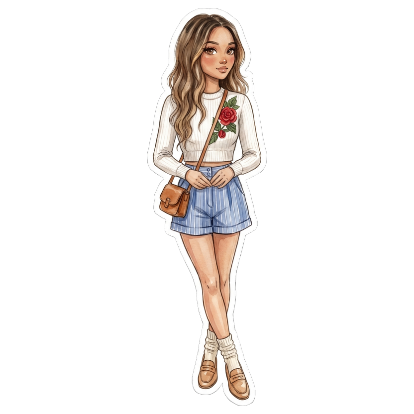 Auckland in December — white cropped rib knit with a red rose appliqué, cornflower blue striped tailored shorts, cream crew socks, tan penny loafers
