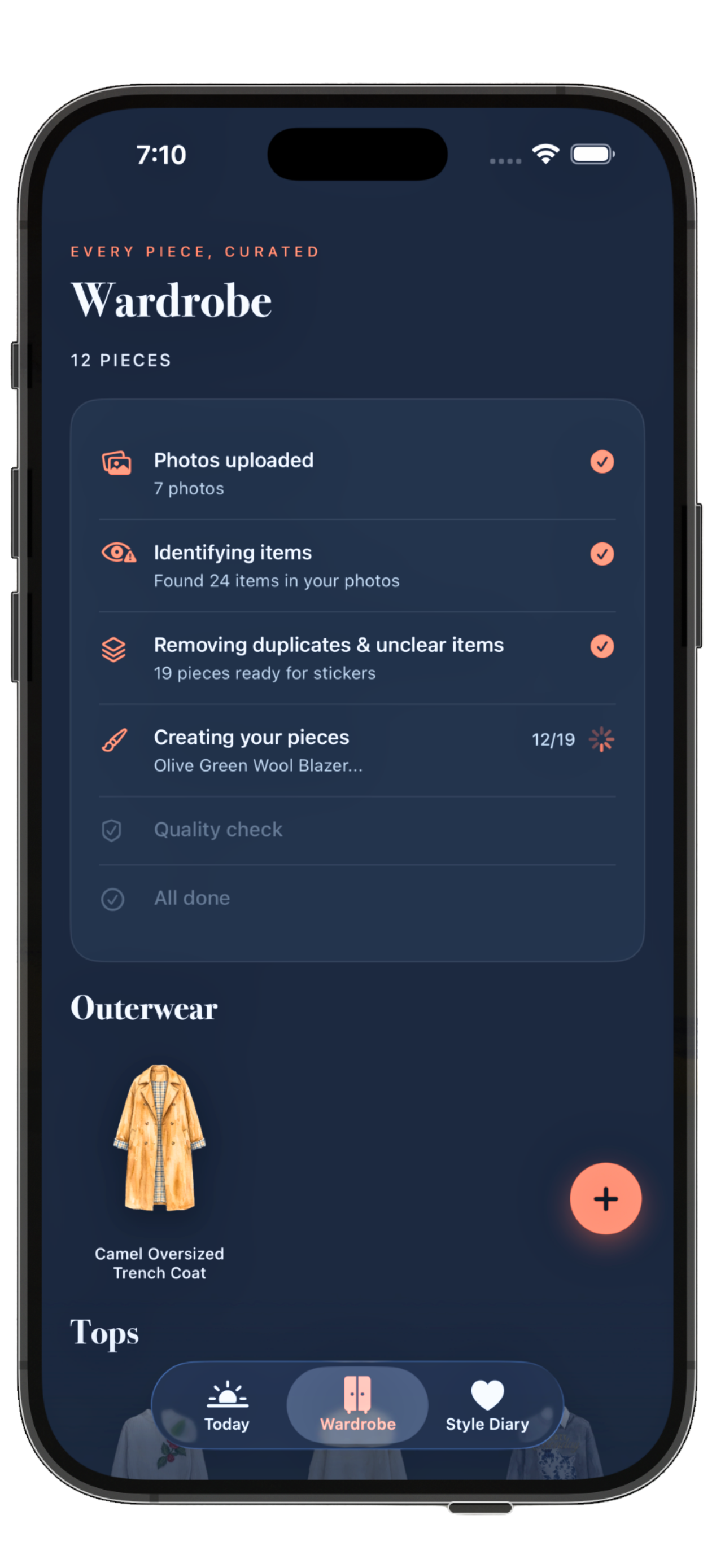 PutTogether processing screen showing the AI separating the outfit into individual garments with background removal applied automatically.