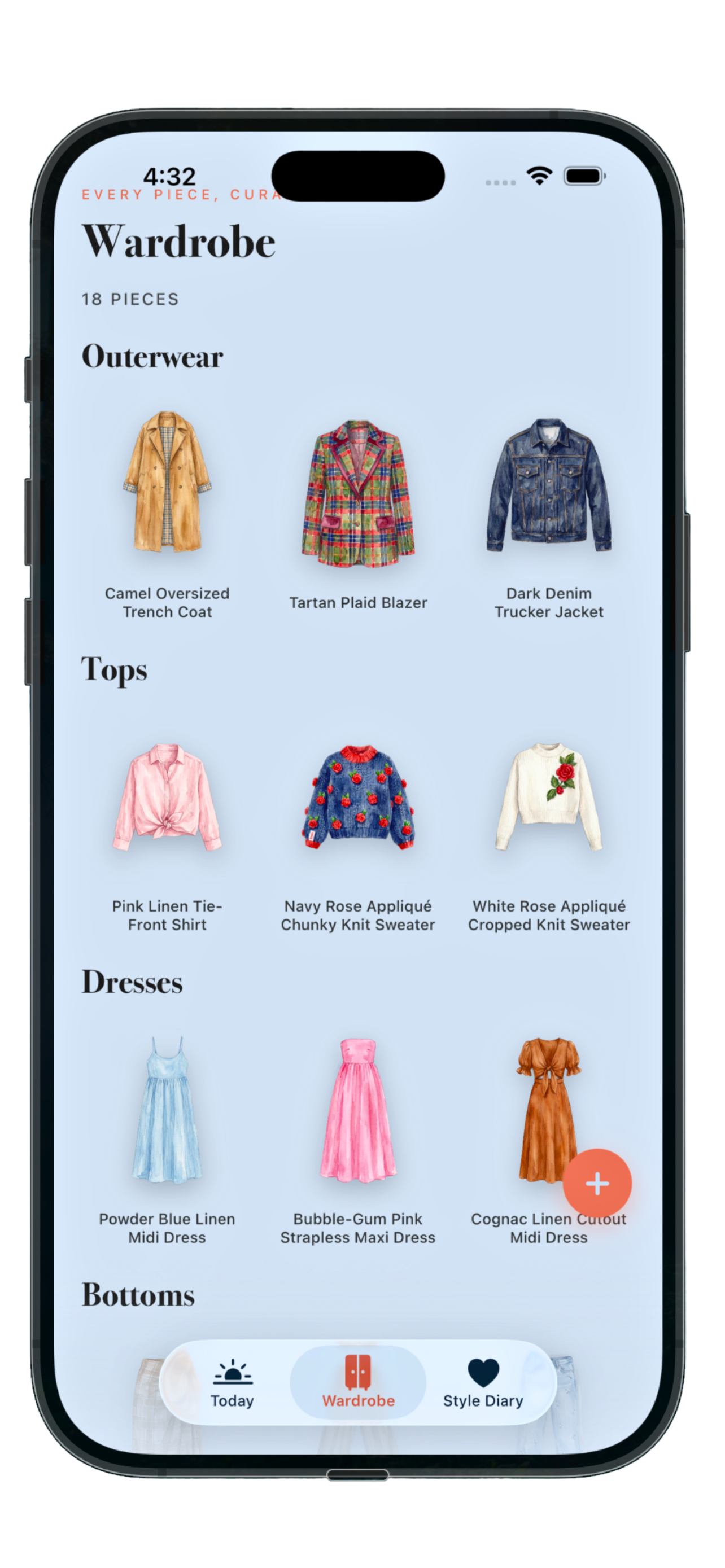 PutTogether wardrobe view populated with separate pieces extracted from one outfit photo, organized by category.