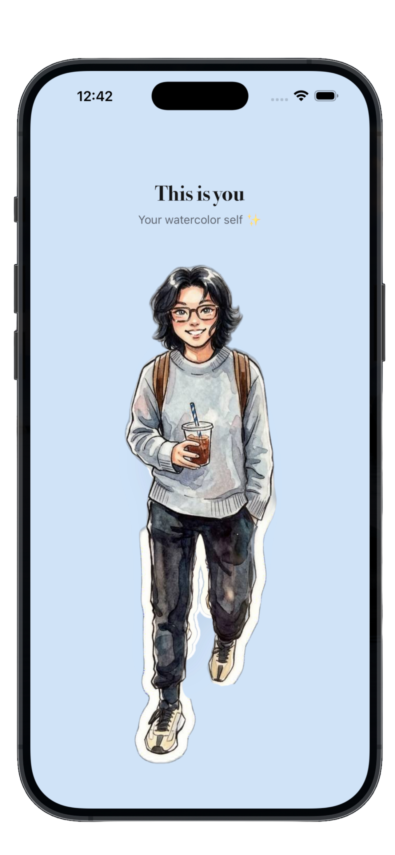 PutTogether's onboarding 'This is you' screen showing the user's full-body watercolor avatar in a cream sweater, dark jeans, and sneakers.