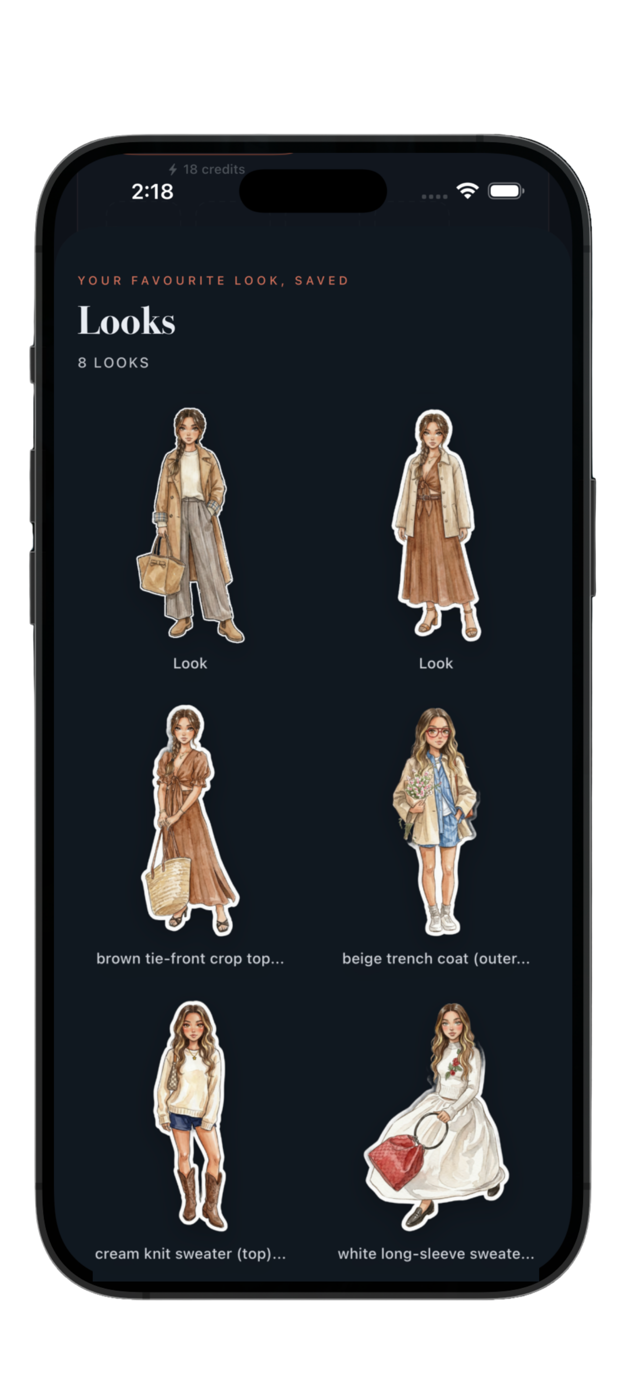 PutTogether's Looks gallery showing saved watercolor outfits in a grid on a dark navy background.