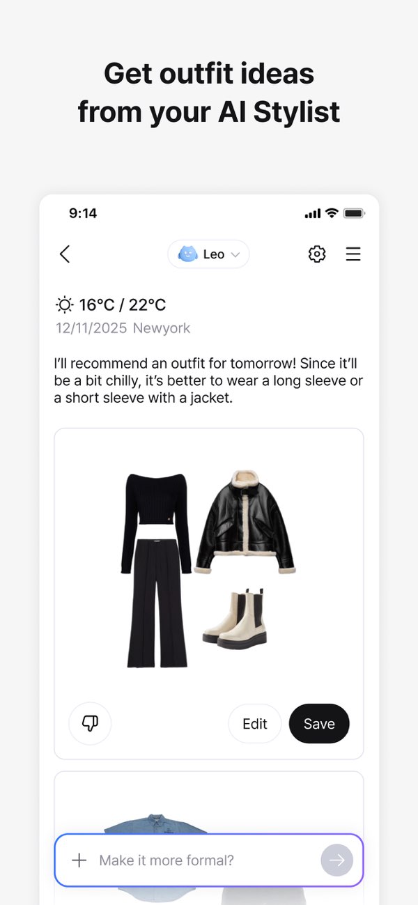 Acloset App Store screenshot showing an AI stylist recommendation with outfit pieces and a chat input.