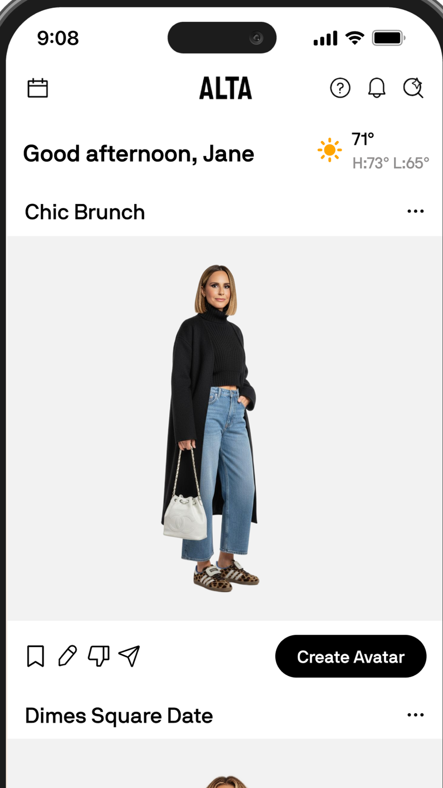 Alta's in-app daily look screen showing a photo-real avatar wearing a curated outfit inside the app interface.