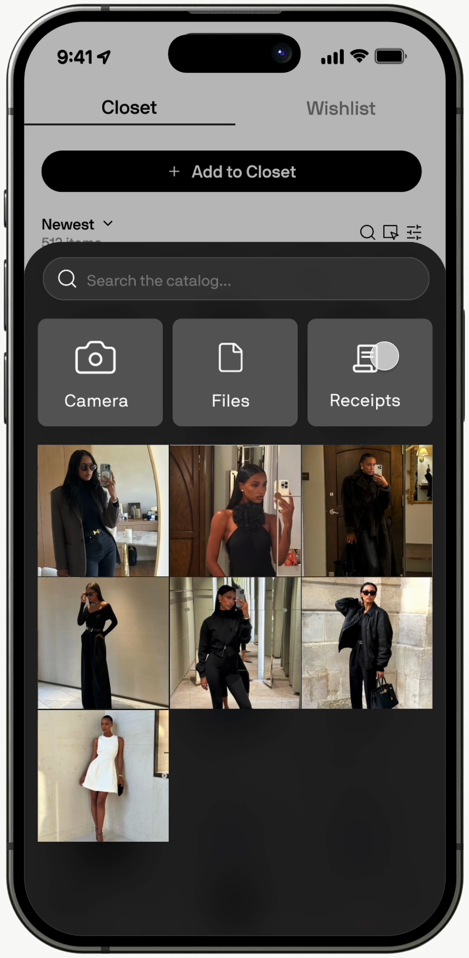 Alta upload sheet with Camera, Files, and Receipts import options visible above a grid of outfit photos.