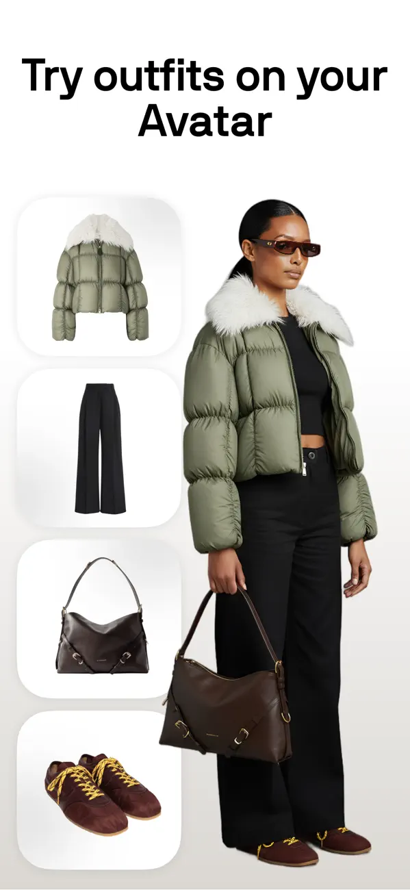 Alta's try-on screen with the user's photo-real avatar wearing a recommended outfit, pieces visible in a vertical stack on the right of the screen.