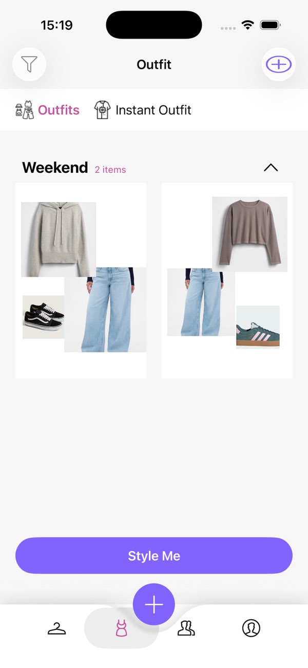 Pureple App Store screenshot showing an outfit screen with garment tiles and a style-me button.