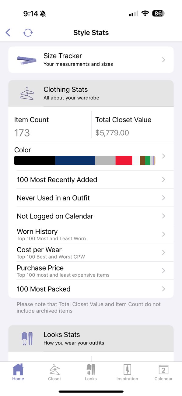 Stylebook stats screen from the App Store, showing closet statistics and manual wardrobe tracking fields.