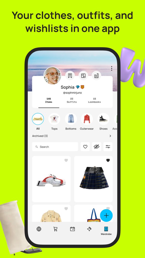 Whering wardrobe view: a grid of art-directed single-garment thumbnails on off-white backgrounds.