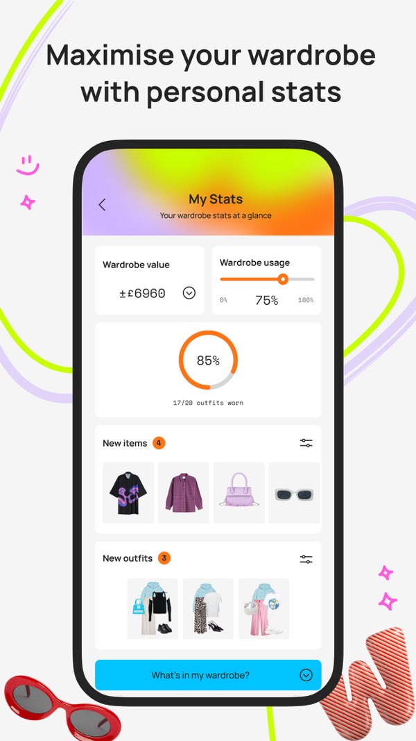 Whering App Store screenshot showing personal wardrobe stats and outfit analytics inside the app.