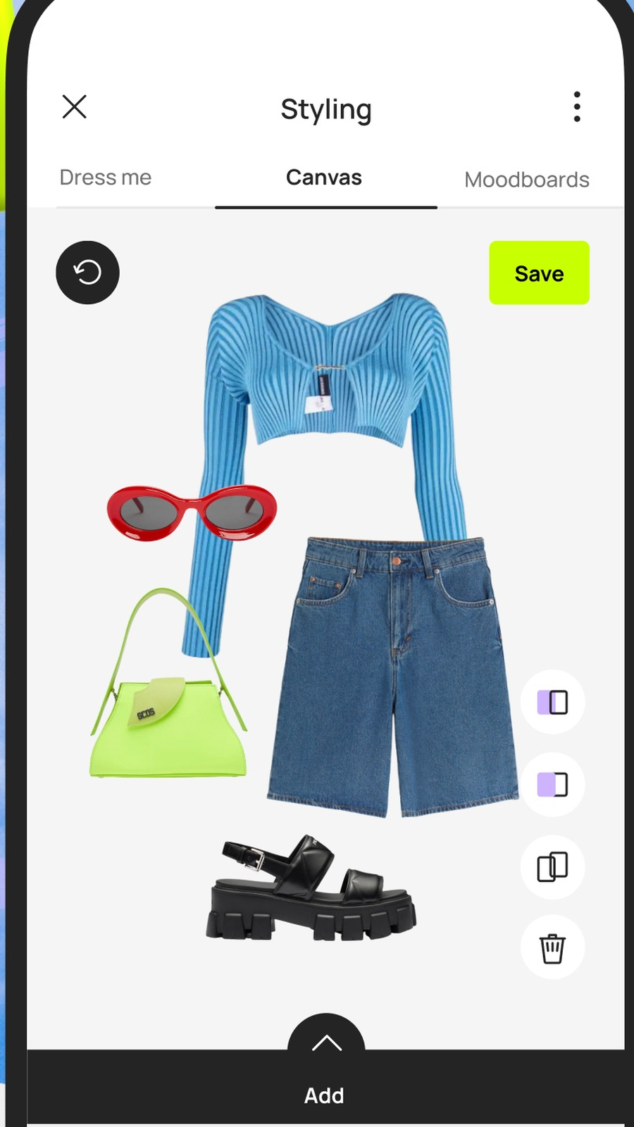 Whering's in-app styling canvas showing a flat-lay outfit composed inside the Whering interface.