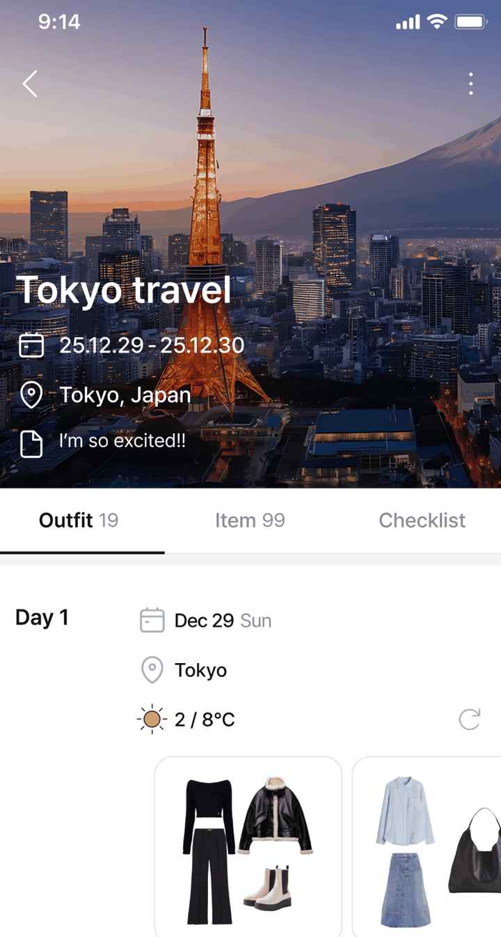 Acloset's trip screen from its App Store listing: a Tokyo travel header over a skyline photo, dates 25.12.29 to 25.12.30, three tabs reading Outfit 19, Item 99 and Checklist, then Day 1 with Dec 29, Tokyo and 2 to 8 degrees Celsius, two outfit cards and an Add outfit button.