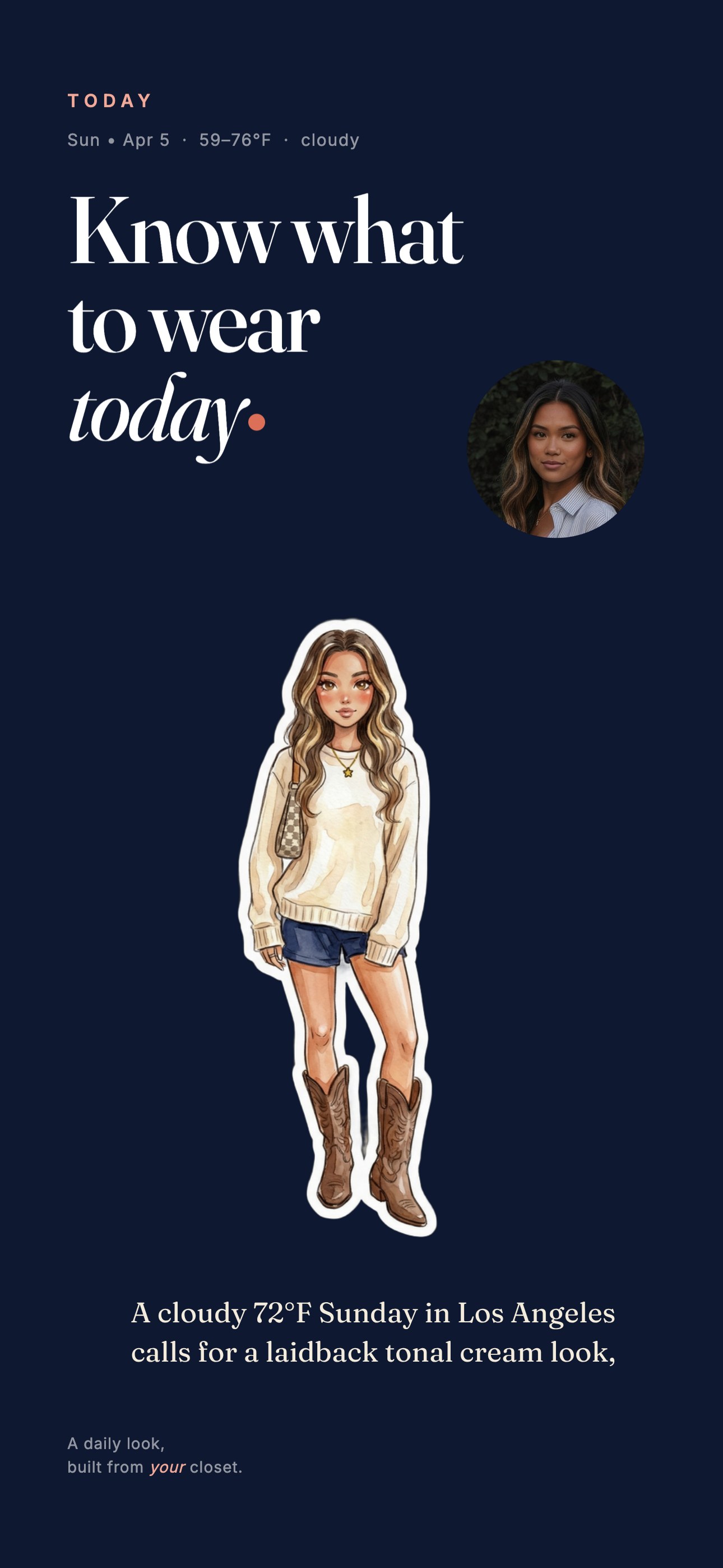 PutTogether App Store screenshot: Know what to wear today. An illustrated mini-you in a cream sweater, denim shorts and cowboy boots, with the reason line: A cloudy 72°F Sunday in Los Angeles calls for a laidback tonal cream look.