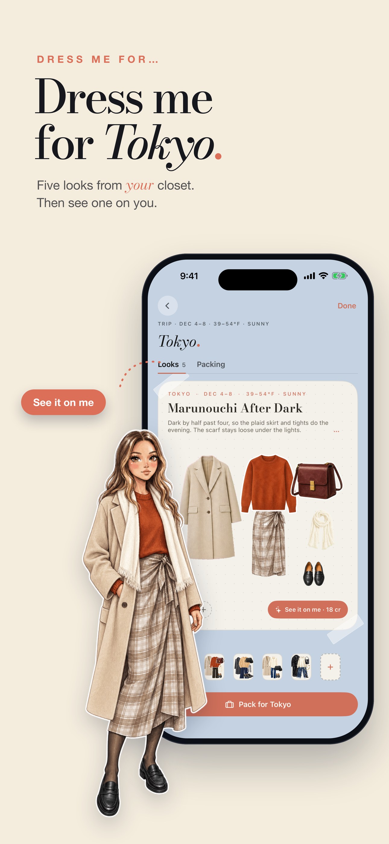 PutTogether App Store screenshot: Dress me for Tokyo. Five looks from your closet, then see one on you; a phone shows a Tokyo trip look with a See it on me button and a Pack for Tokyo button, beside the mini-you wearing the look.