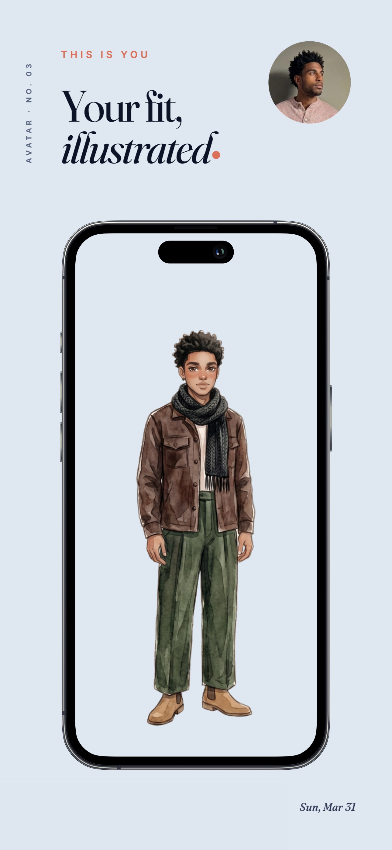 PutTogether App Store screenshot: Your fit, illustrated. A masculine mini-you in a brown leather jacket, checked scarf, olive trousers and suede boots, drawn from his photo.