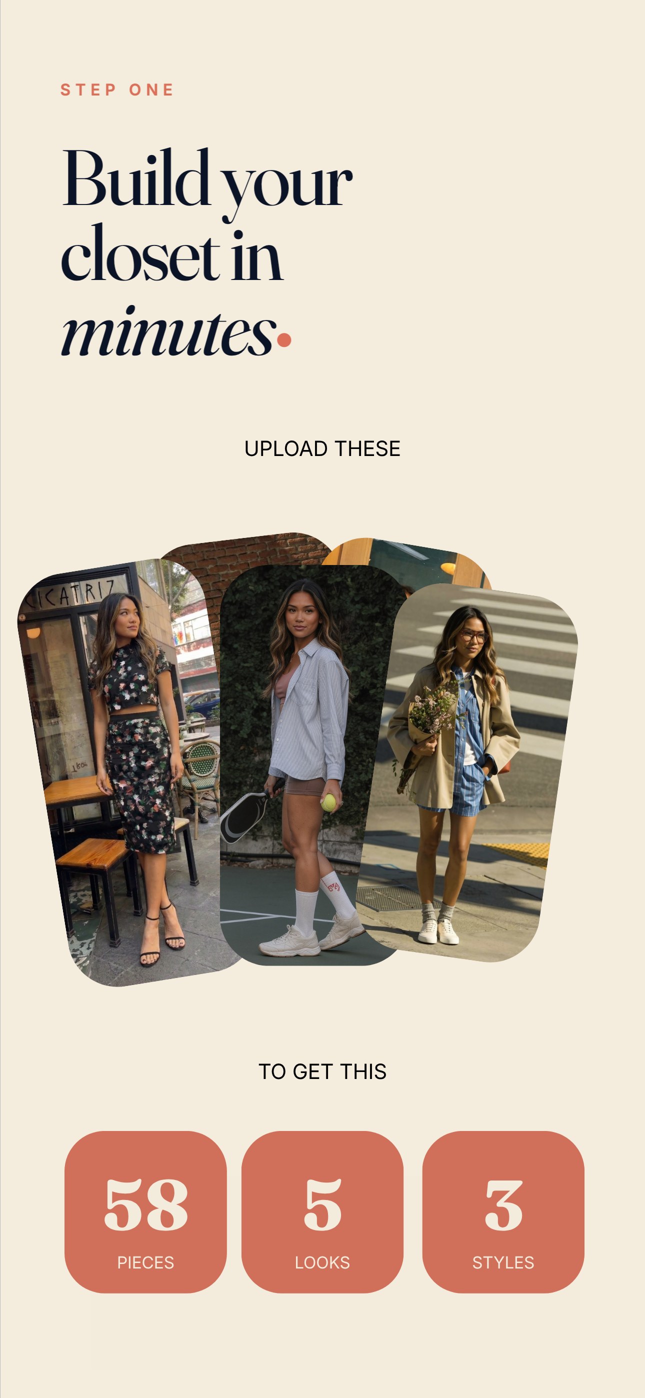 PutTogether App Store screenshot: Build your closet in minutes. Upload outfit photos to get 58 pieces, 5 looks and 3 styles.
