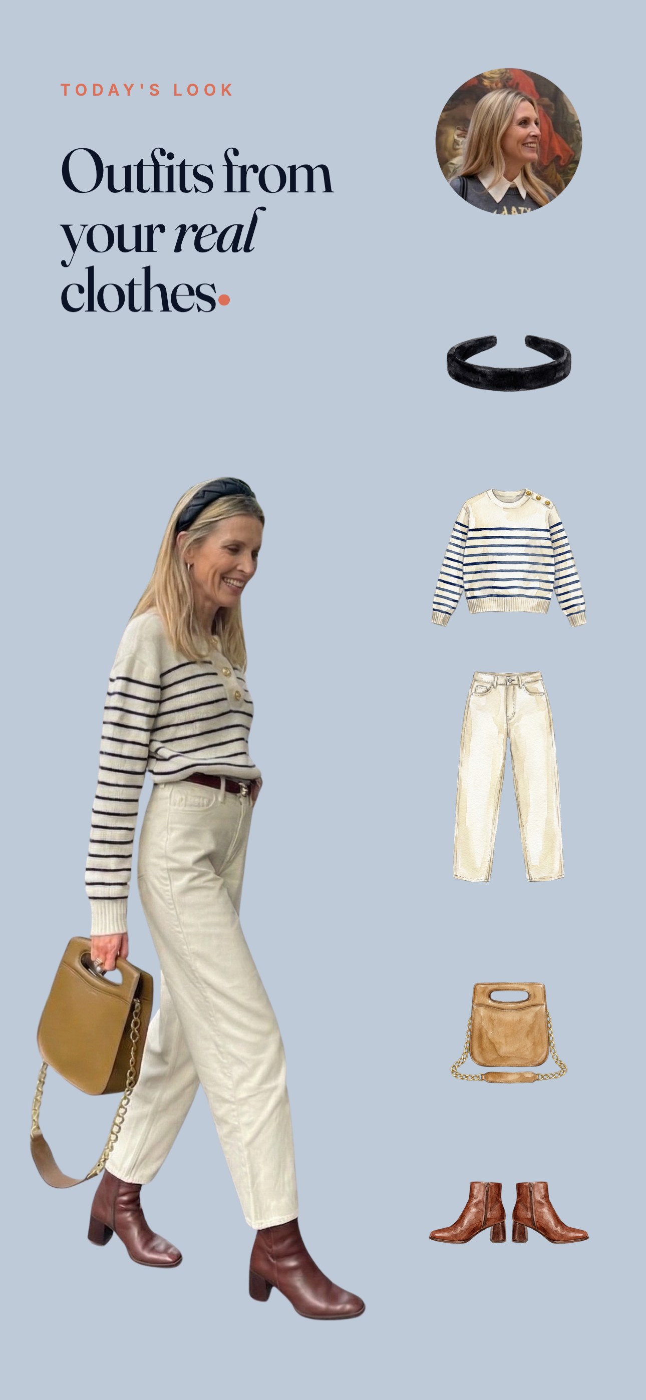 PutTogether App Store screenshot: Outfits from your real clothes. A real outfit photo beside the same pieces as illustrated stickers.