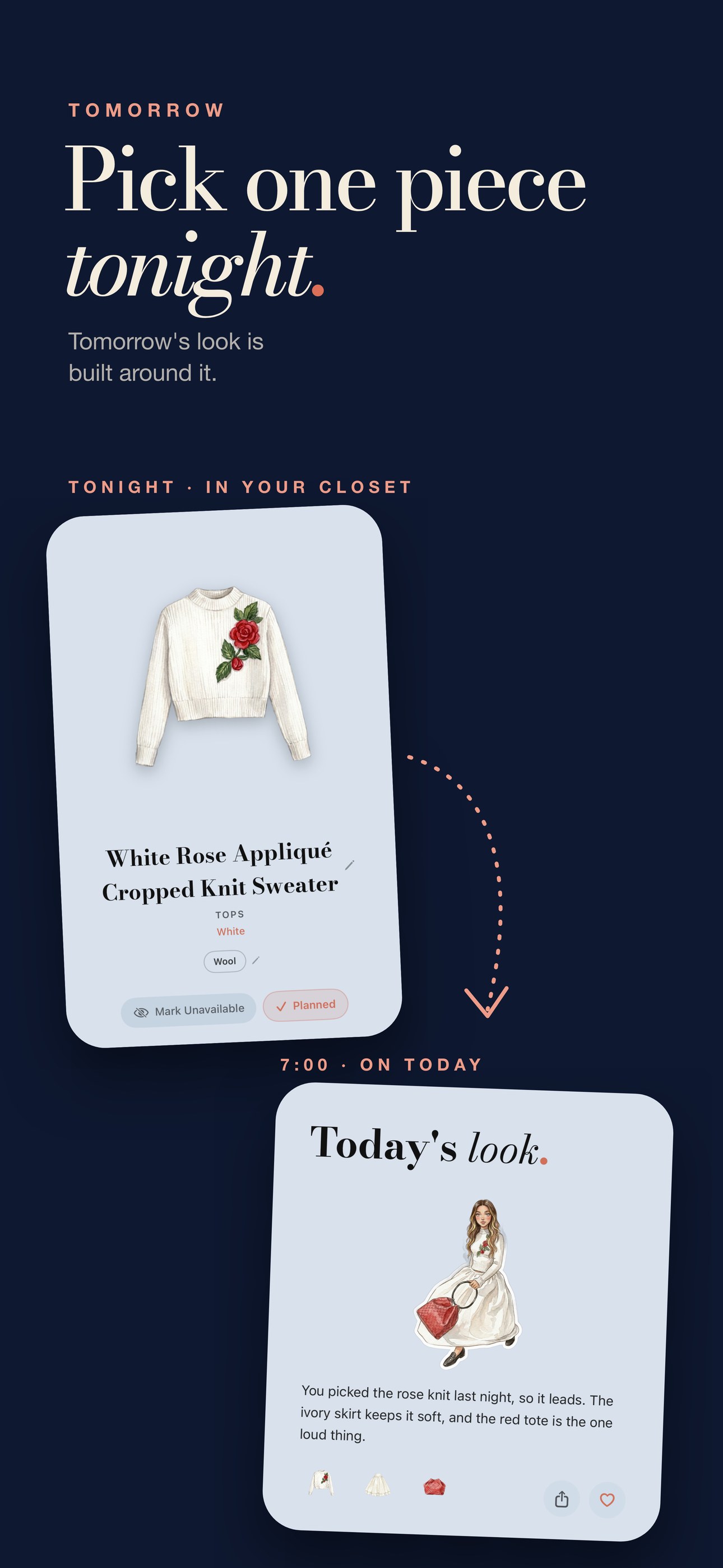 PutTogether App Store screenshot: Pick one piece tonight. A rose appliqué knit chosen the night before, then tomorrow's look built around it, with the reason: You picked the rose knit last night, so it leads. The ivory skirt keeps it soft, and the red tote is the one loud thing.